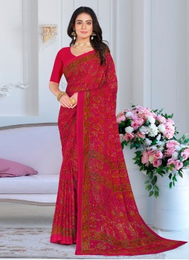 Faux Chiffon Printed Traditional Saree in Pink