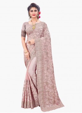 Faux Chiffon Resham Pink Designer Saree