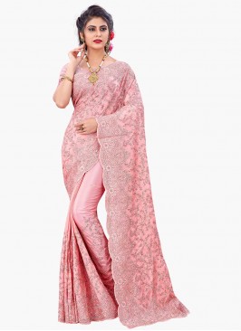 Faux Chiffon Resham Pink Designer Saree