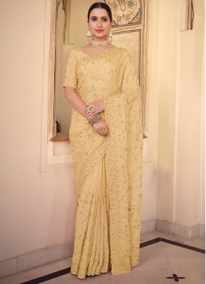 Faux Chiffon Traditional Saree in Yellow