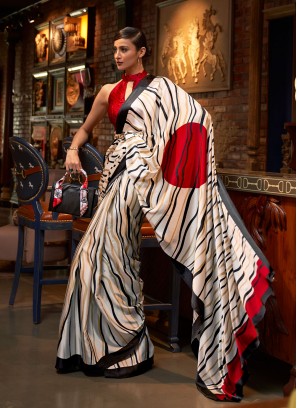 Faux Crepe Abstract Print Trendy Saree in Off White