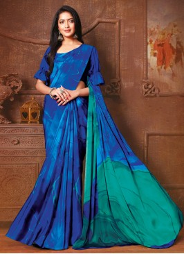 Faux Crepe Blue Abstract Print Contemporary Saree