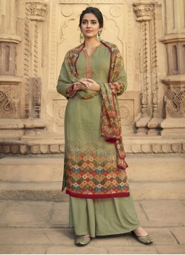 Faux Crepe Designer Palazzo Salwar Suit in Green