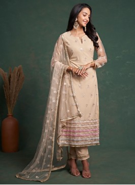 Faux Crepe Designer Salwar Suit in Beige