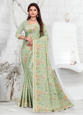 Faux Crepe Embroidered Designer Saree in Green