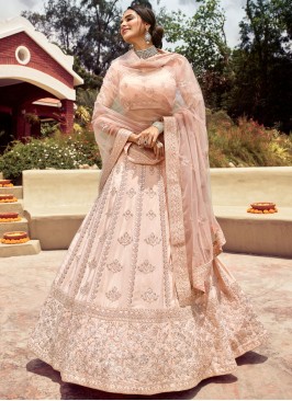 Faux Crepe Lehenga Choli in Beige