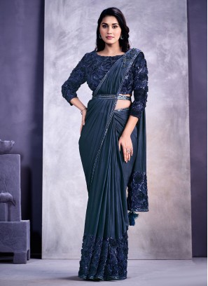 Faux Crepe Navy Blue Saree