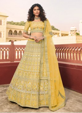 Faux Crepe Patch Border Lehenga Choli in Yellow