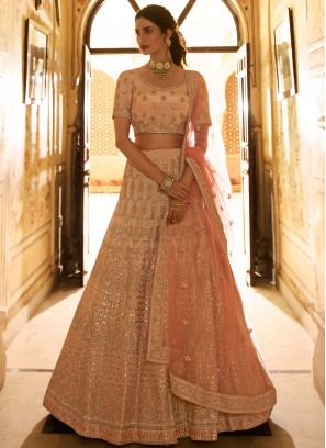Faux Crepe Peach Zari Lehenga Choli
