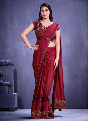 Faux Crepe Trendy Saree in Maroon