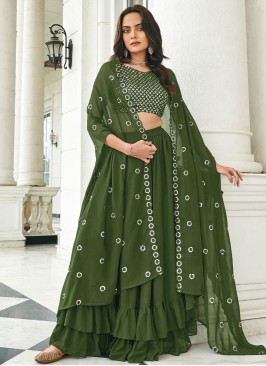 Faux Georgette A Line Lehenga Choli in Green