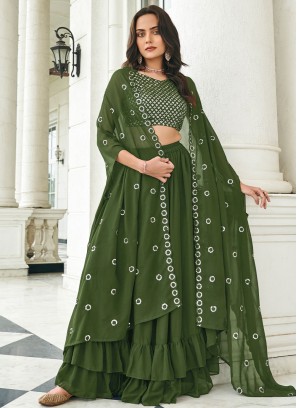 Faux Georgette A Line Lehenga Choli in Green