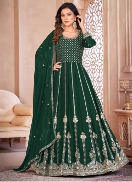 Faux Georgette Anarkali Salwar Suit in Green
