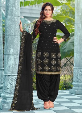 Faux Georgette Black Embroidered Trendy Salwar Kameez