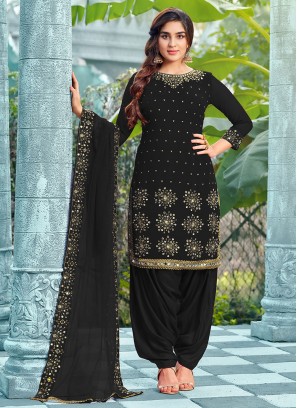 Faux Georgette Black Embroidered Trendy Salwar Kameez