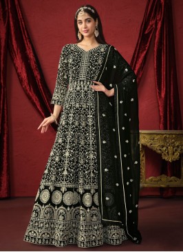 Faux Georgette Black Embroidered Trendy Salwar Kameez