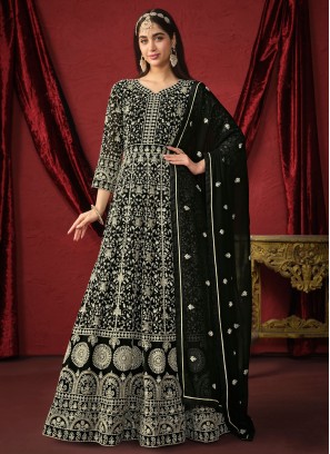 Faux Georgette Black Embroidered Trendy Salwar Kameez