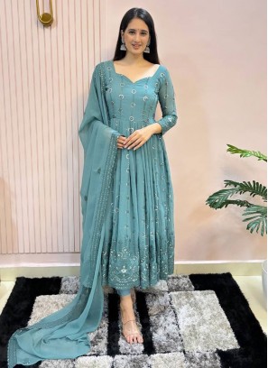 Faux Georgette Blue and Rama Embroidered Readymade Anarkali Salwar Suit