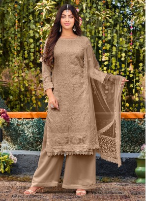 Faux Georgette Brown Salwar Kameez