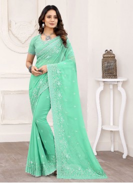 Faux Georgette Classic Designer Saree in Sea Green