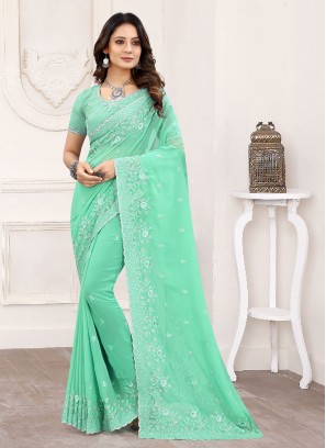 Faux Georgette Classic Designer Saree in Sea Green