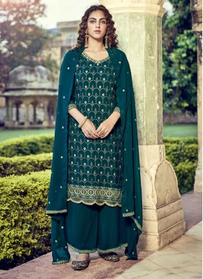 Faux Georgette Designer Pakistani Salwar Suit in Green
