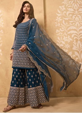 Faux Georgette Designer Palazzo Salwar Kameez in Blue