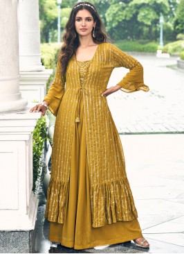 Faux Georgette Designer Salwar Kameez in Mustard