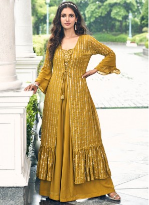 Faux Georgette Designer Salwar Kameez in Mustard