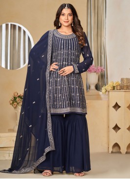 Faux Georgette Designer Salwar Kameez in Navy Blue