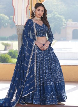 Faux Georgette Embroidered Blue Trendy Lehenga Choli