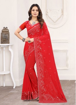 Faux Georgette Embroidered Classic Designer Saree in Red