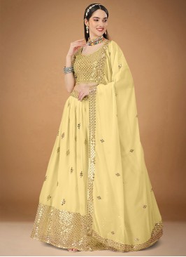 Faux Georgette Embroidered Cream A Line Lehenga Choli