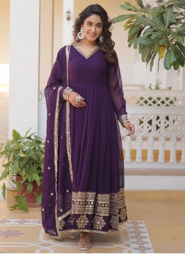 Faux Georgette Embroidered Designer Gown in Purple