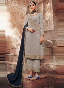 Faux Georgette Embroidered Designer Pakistani Suit in Grey