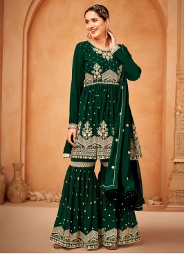 Faux Georgette Embroidered Green Sharara Set