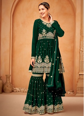 Faux Georgette Embroidered Green Sharara Set