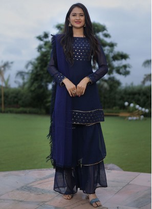 Faux Georgette Embroidered Navy Blue Palazzo Salwar Kameez