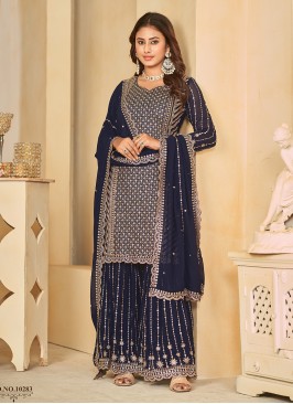 Faux Georgette Embroidered Navy Blue Salwar Kameez