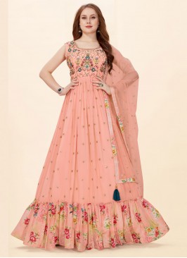 Faux Georgette Embroidered Peach Readymade Trendy Gown 