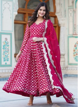 Faux Georgette Embroidered Pink Designer Gown