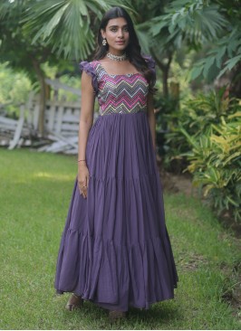 Faux Georgette Embroidered Purple Designer Gown