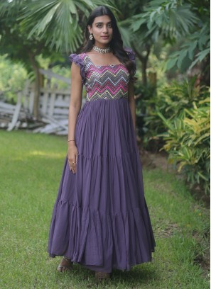 Faux Georgette Embroidered Purple Designer Gown