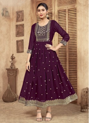 Faux Georgette Embroidered Purple Designer Kurti