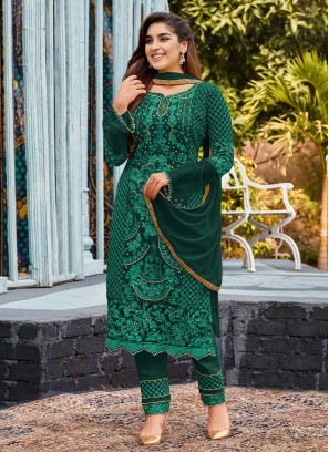 Faux Georgette Embroidered Salwar Kameez in Green