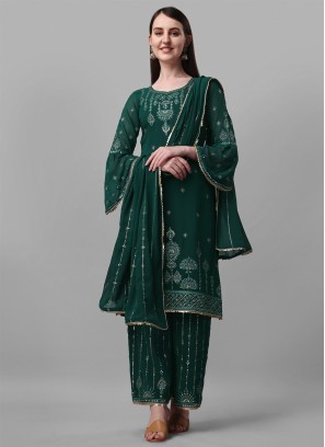 Faux Georgette Embroidered Salwar Kameez in Green