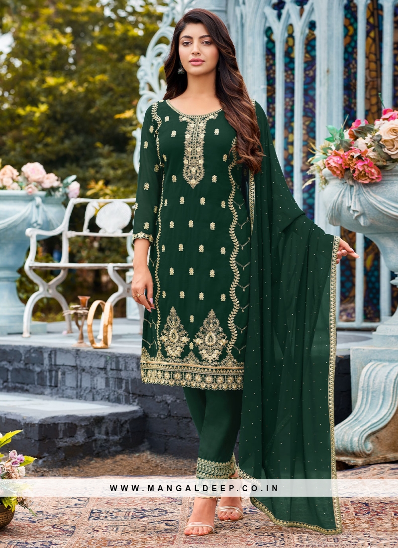Faux Georgette Embroidered Salwar Suit in Green