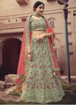 Faux Georgette Embroidered Sea Green Lehenga Choli