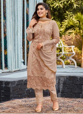 Faux Georgette Embroidered Straight Salwar Suit in Beige