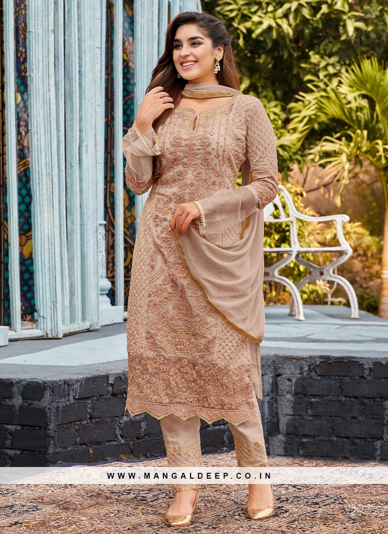 Faux Georgette Embroidered Straight Salwar Suit in Beige